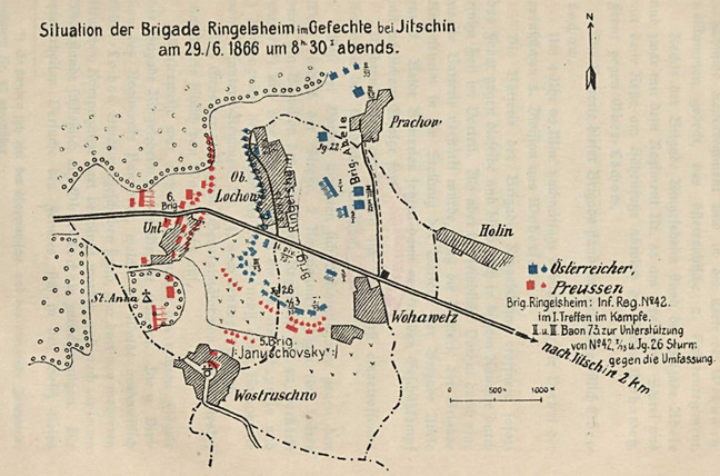 Lage bei Lochow am 29.06.1866 aus Ladek, Karl 1912: „Geschichte des k. u. k. Infanterieregimentes Albrecht Herzog von Württemberg Nr. 73“