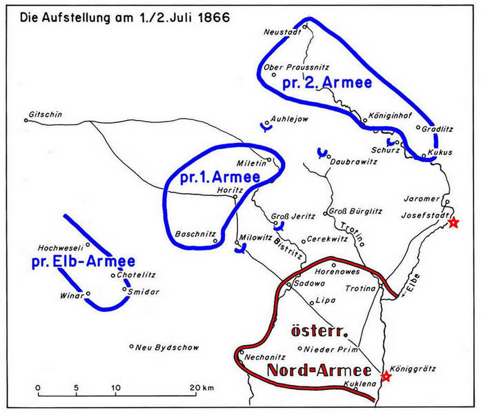 Position der Truppen am 1. Juli 1866