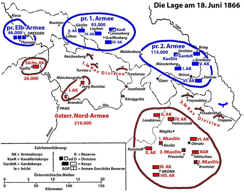 Die Lage der Armeen am 18. Juni 1866